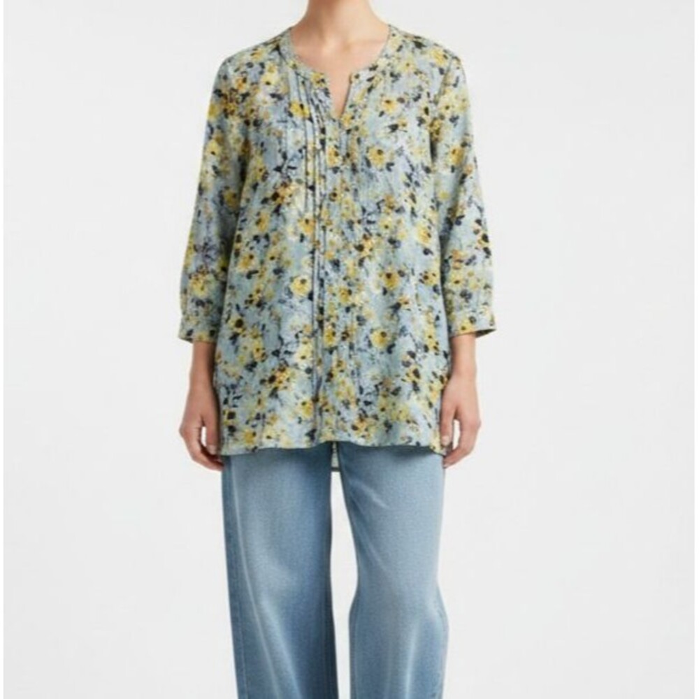 J Jill Love Linen Floral Tunic Shirt Women XS Blue Pleated 3/4 Sleeves Top